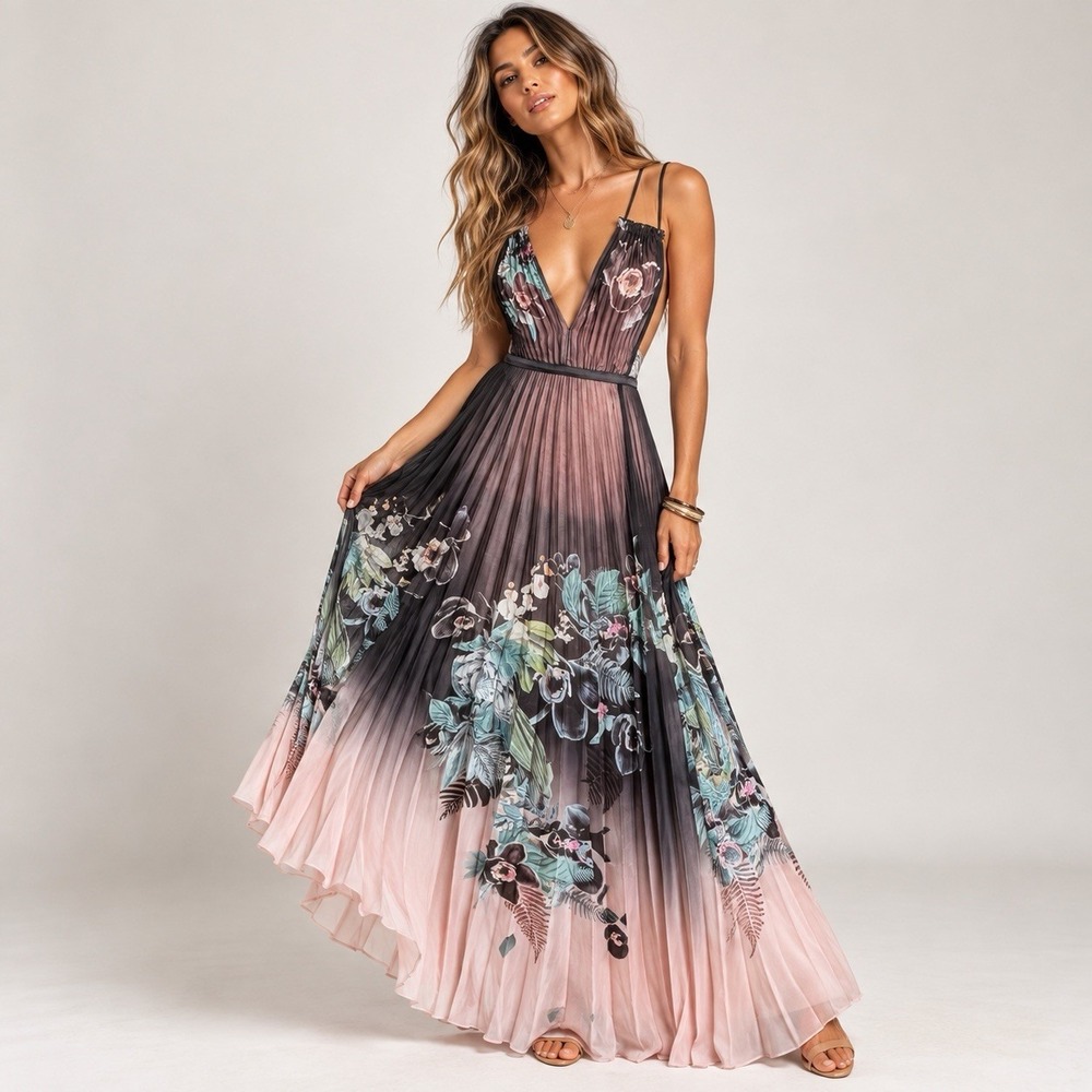 Bebe Floral Ombre Pleated Maxi Dress Sz 2 Black Blush Dark Romance Feminine EUC